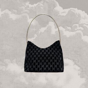 GUCCI Rare Tom Ford Runway Velvet Shoulder Bag 90s Y2K Chrome handle Black